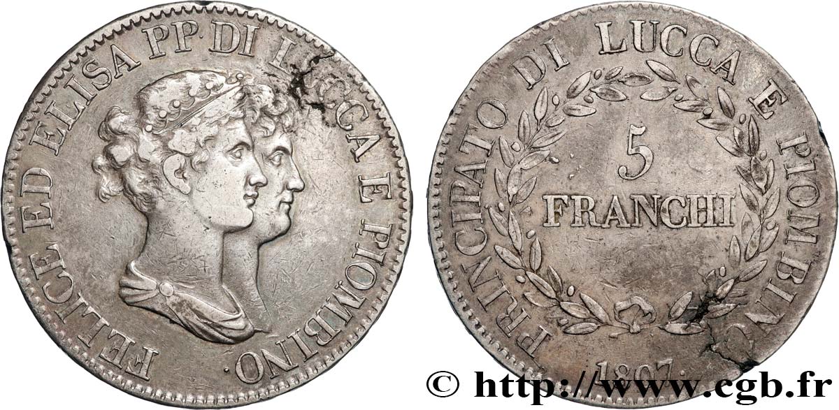 ITALY - PRINCIPALTY OF LUCCA AND PIOMBINO - FELIX BACCIOCHI AND ELISA BONAPARTE 5 Franchi 1807 Florence XF 