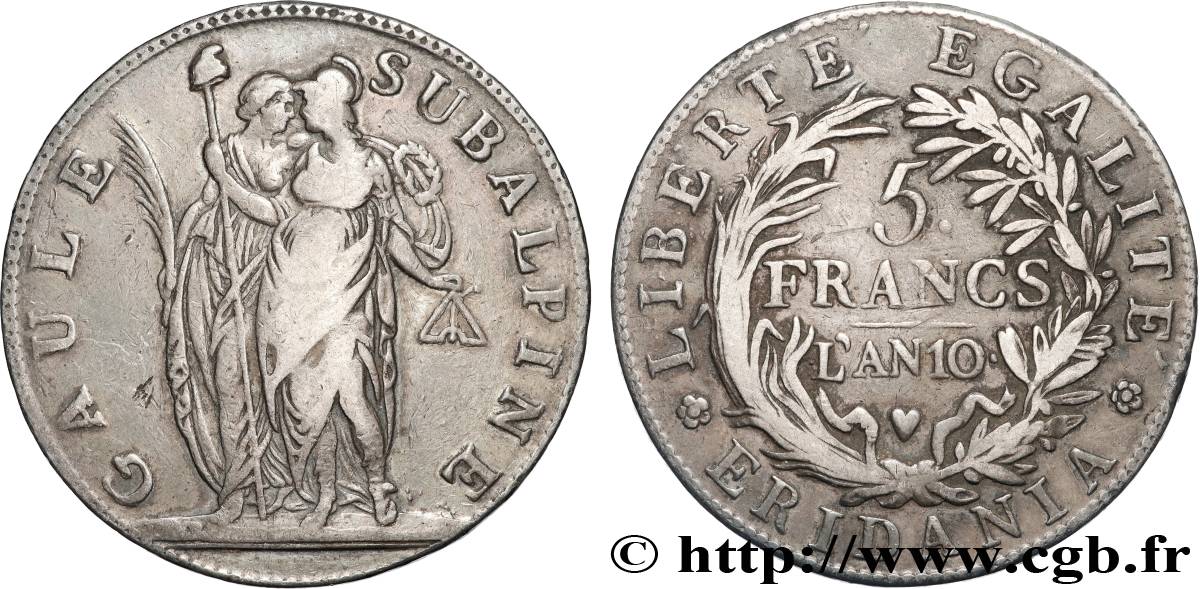 ITALY - SUBALPINE GAUL 5 Francs an 10 1802 Turin VF 