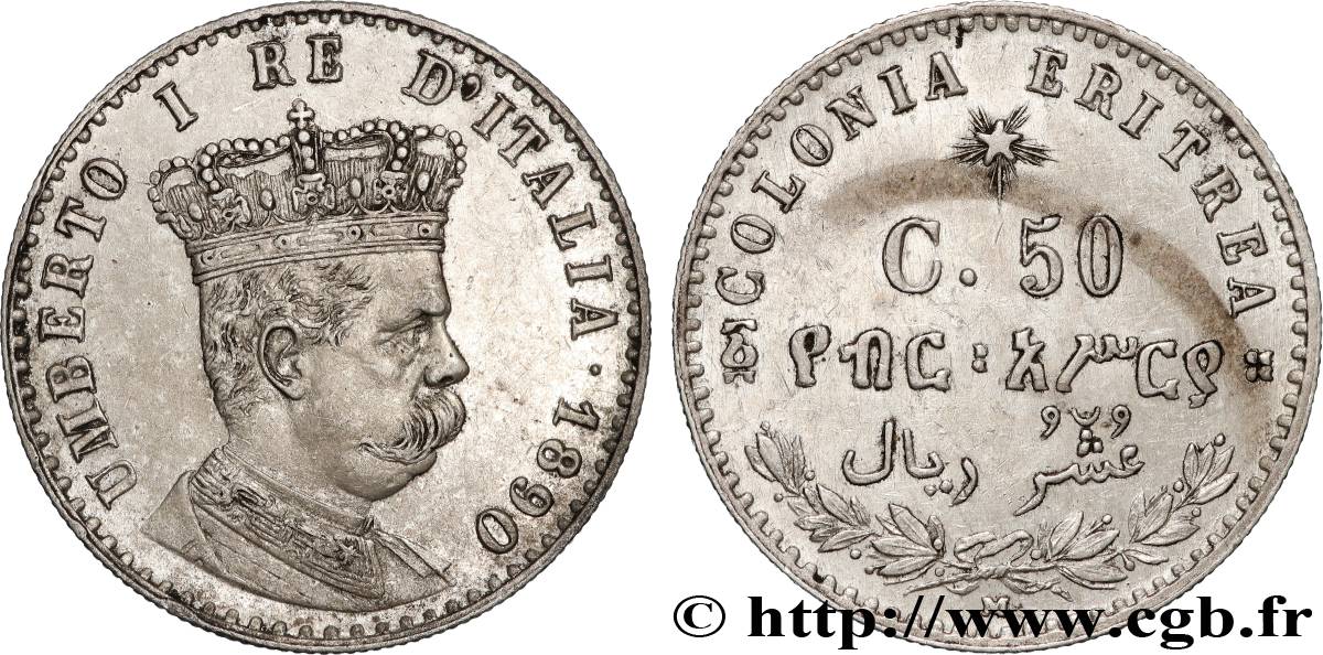 ITALIAN ERITREA 50 Centesimi Humbert Ier, roi d’Italie, Colonie d’Erythrée 1890 Milan AU 