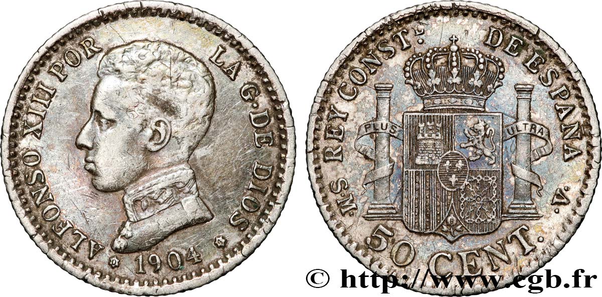 SPAIN 50 Centimos Alphonse XIII 1904 Madrid XF 