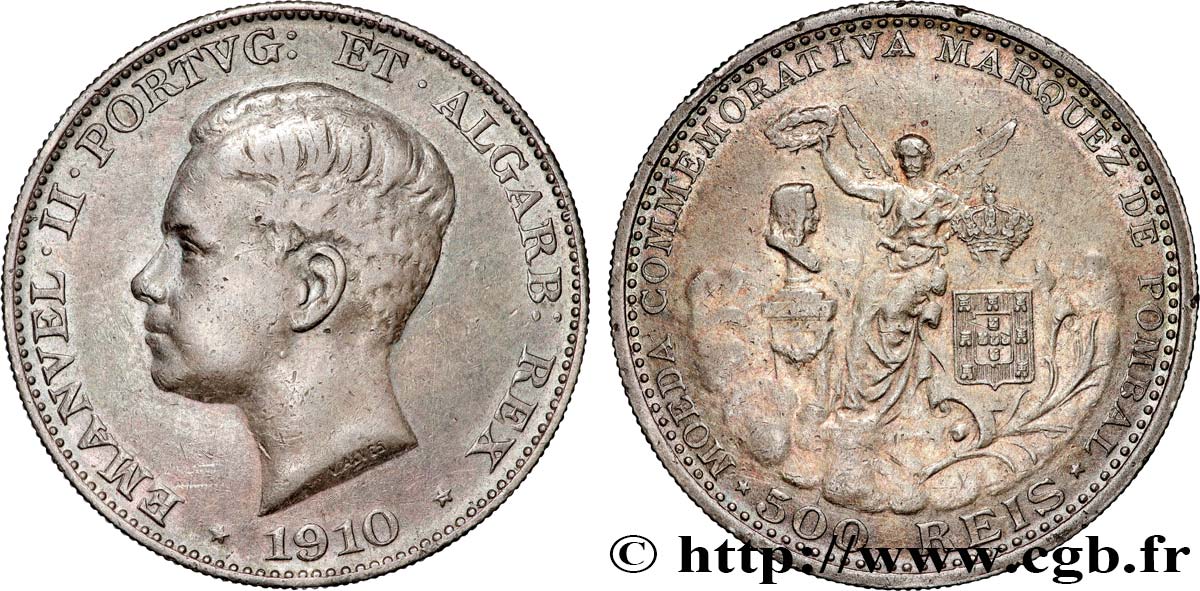 PORTUGAL 500 Reis Manuel II Marquis de Pombal 1910 Lisbonne XF 