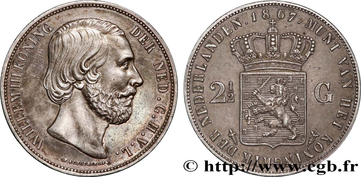 NETHERLANDS 2 1/2 Gulden Guillaume III 1867 Utrecht AU 