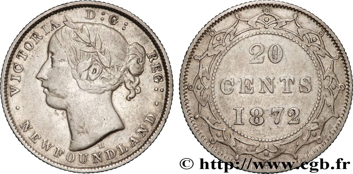 NEWFOUNDLAND 20 Cents Victoria 1872 Heaton XF 
