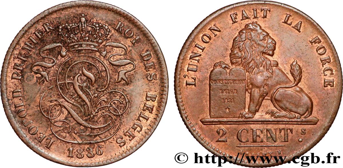BELGIUM 2 Centimes Léopold Ier 1836 Bruxelles AU 