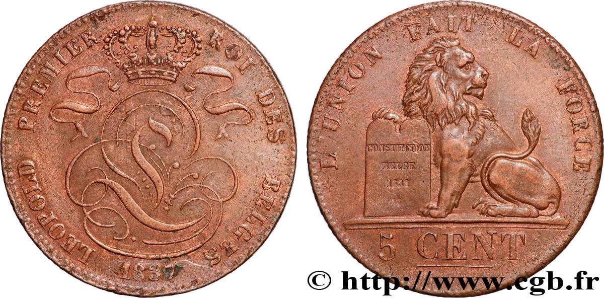 BELGIUM 5 Centimes Léopold Ier 1837 Bruxelles AU 