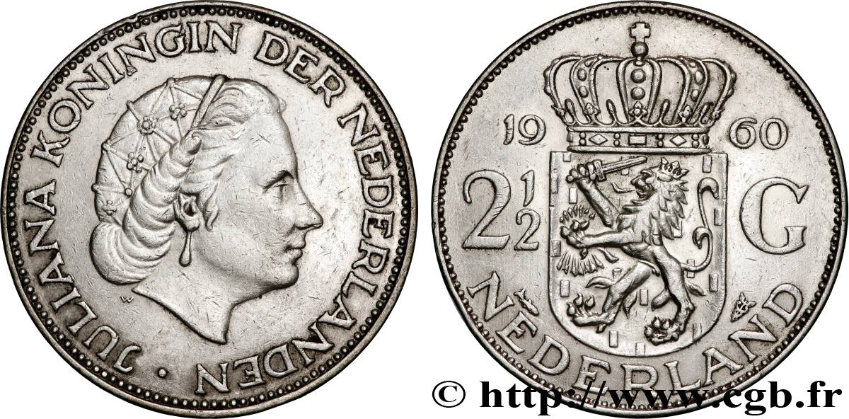 NETHERLANDS 2 1/2 Gulden Juliana 1960 Utrecht AU 