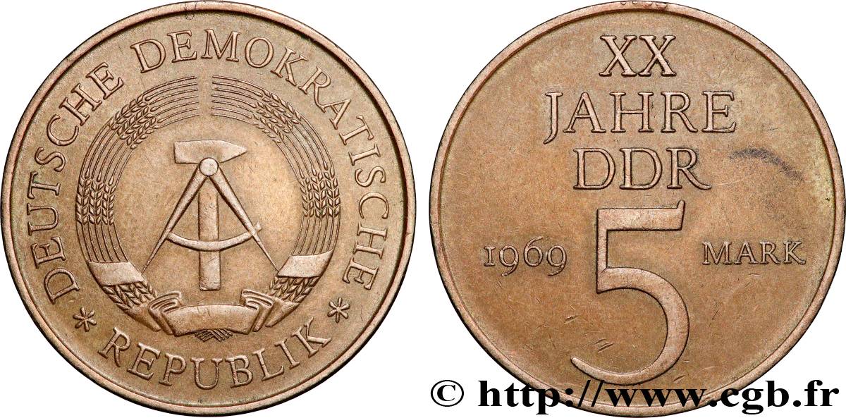 GERMAN DEMOCRATIC REPUBLIC 5 Mark 20e anniversaire de la fondation de la RDA 1969  AU 