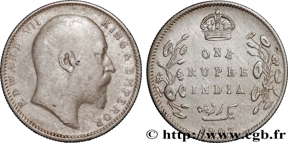 BRITISH INDIA 1 Rupee (Roupie) Edouard VII 1907 Calcutta VF 