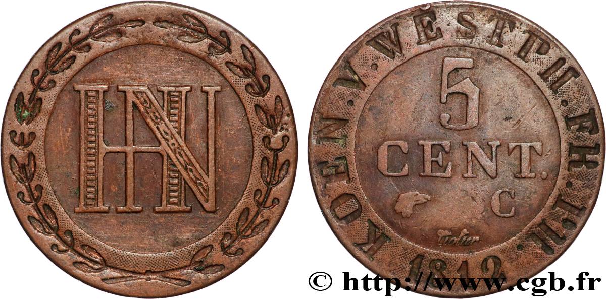 GERMANY - KINGDOM OF WESTPHALIA 5 Centimes Jérôme Napoléon 1812 Cassel XF 