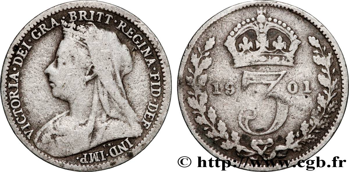ROYAUME-UNI 3 Pence Victoria buste au voile 1901  TB+ 