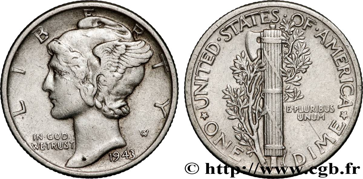 STATI UNITI D AMERICA 1 Dime Mercury 1943 Philadelphie BB 