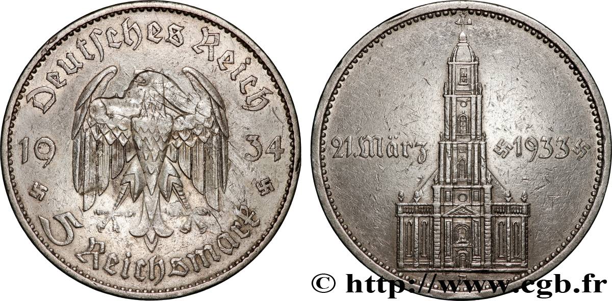 GERMANY 5 Reichsmark Église de la garnison de Potsdam 1934 Berlin XF 