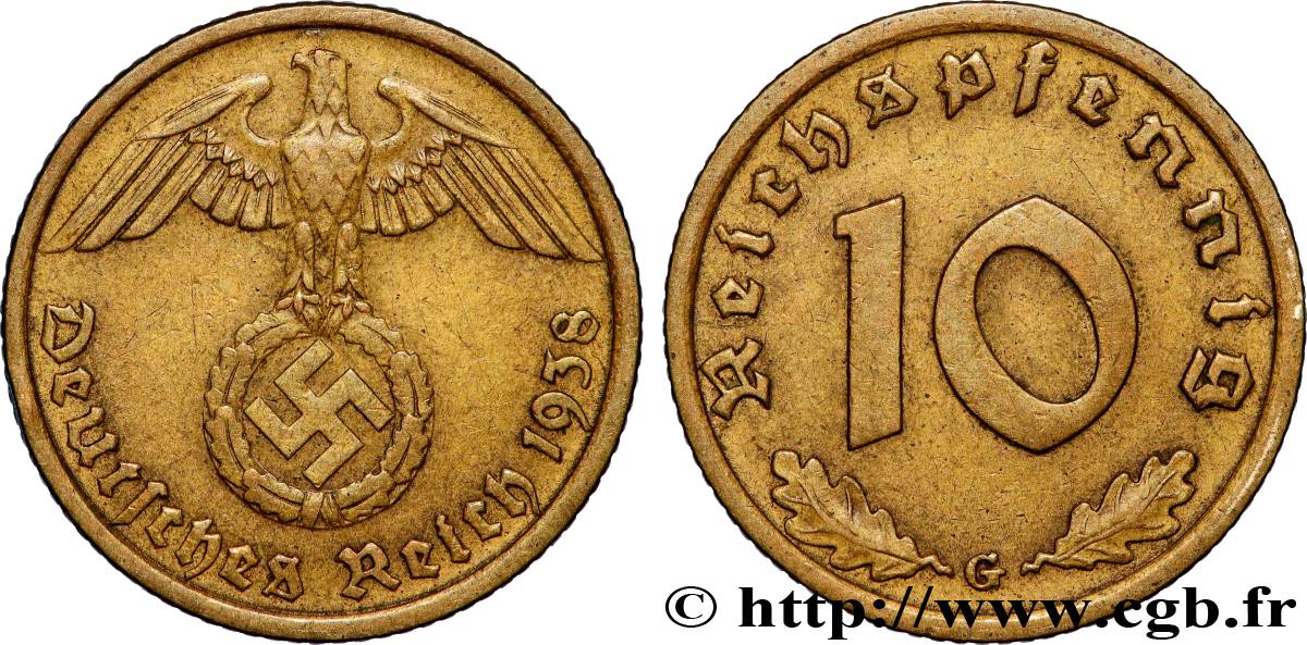 GERMANY 10 Reichspfennig aigle surmontant une swastika 1938 Karlsruhe - G XF 