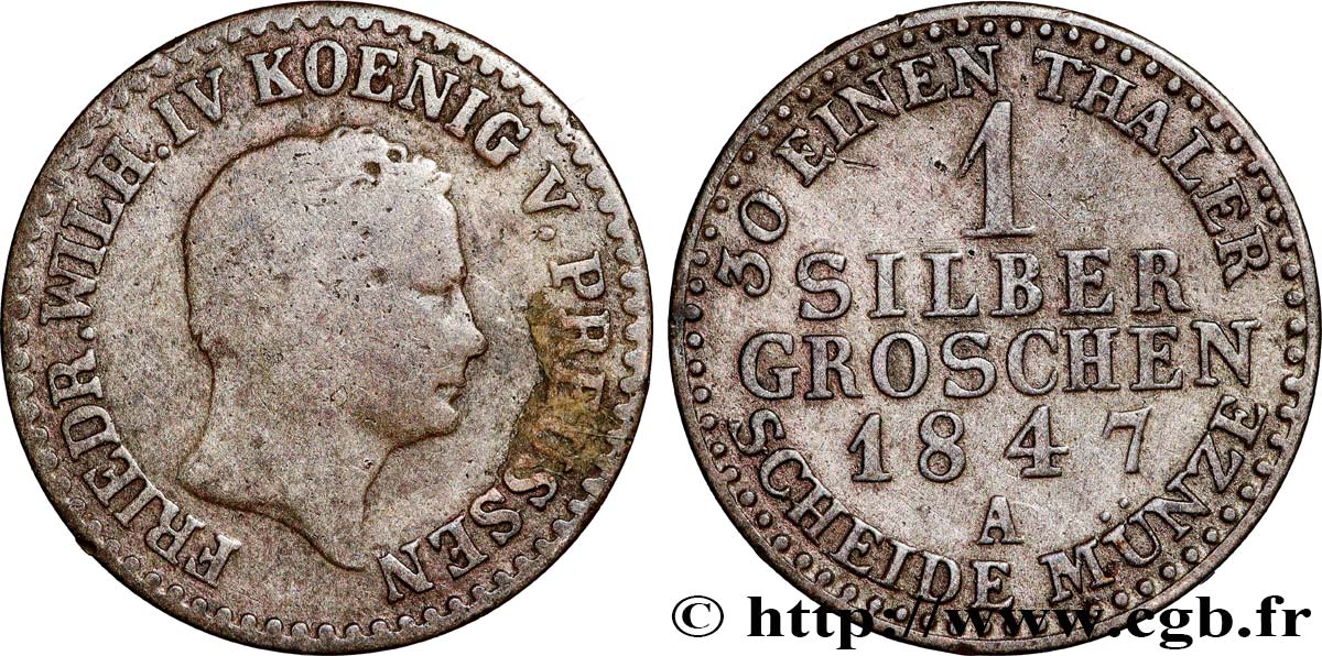 GERMANY - PRUSSIA 1 Silbergroschen Frédéric Guillaume IV 1847 Berlin VF/XF 