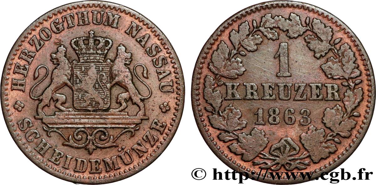 GERMANY - NASSAU 1 Kreuzer Grand-Duché de Nassau 1863  VF 