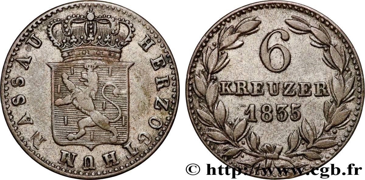 GERMANY - NASSAU 6 Kreuzer Guillaume 1835 Wiesbaden XF 