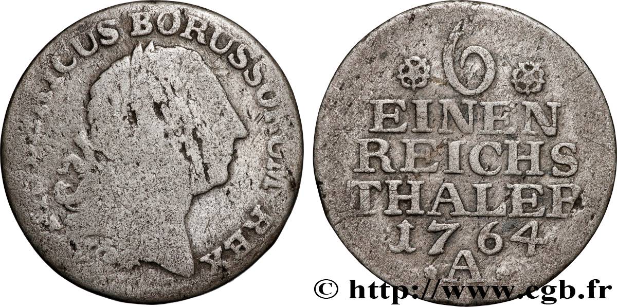 GERMANY - PRUSSIA 1/6 Thaler Frédéric II 1764 Berlin VF 