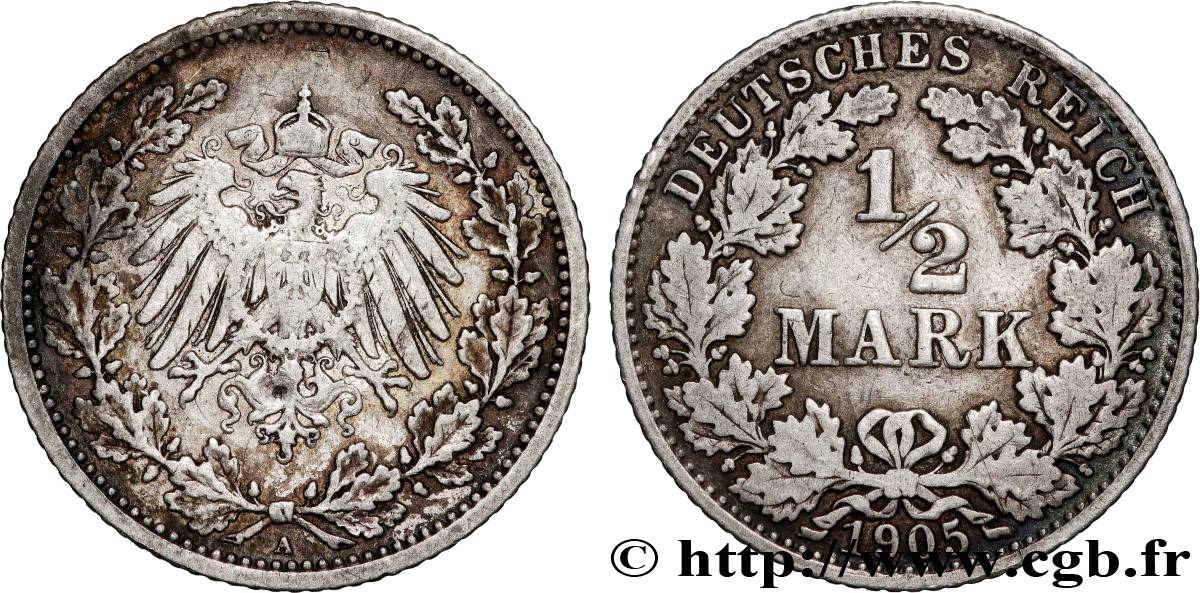 GERMANY 1/2 Mark Empire aigle impérial 1905 Berlin VF 