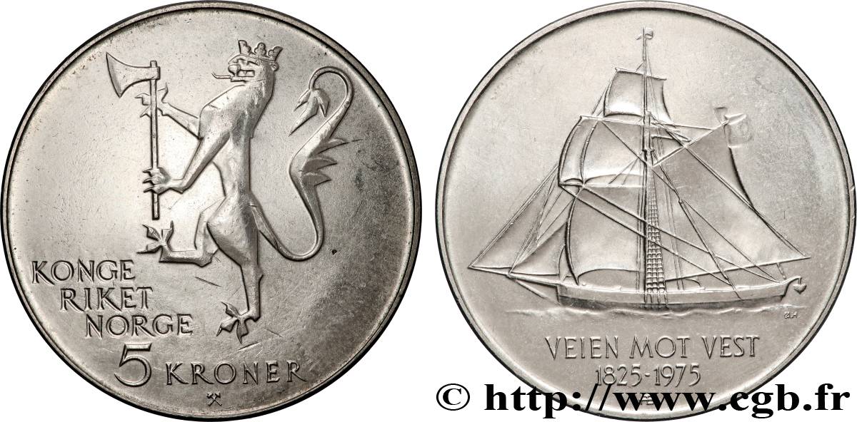 NORVÈGE 5 Kroner 150e anniversaire de l immigration aux amériques 1975  SUP 
