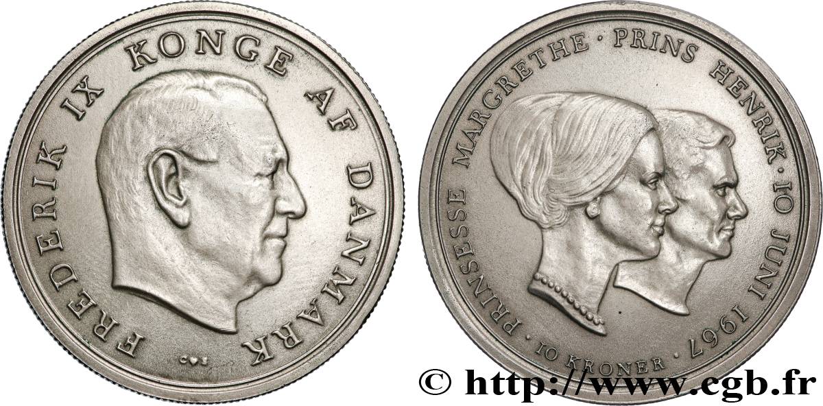 DENMARK 10 Kroner mariage de la princesse Margrethe 1967 Copenhague AU 