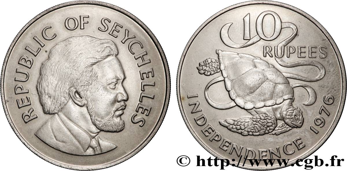 SEYCHELLEN 10 Rupees Président Mancham / tortue 1976  VZ 