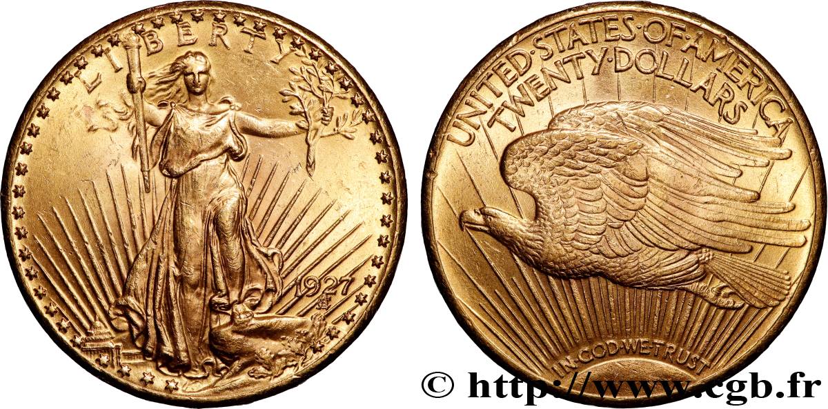 ORO, PALADIO Y PLATINO INVERSIÓN 20 Dollars  Saint-Gaudens” 1927 Philadelphie MBC+ 