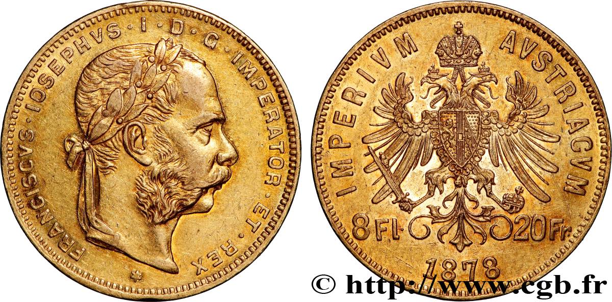 GOLD, PALLADIUM & PLATINUM INVESTMENT 8 Florins ou 20 Francs or François-Joseph Ier 1878 Vienne AU 