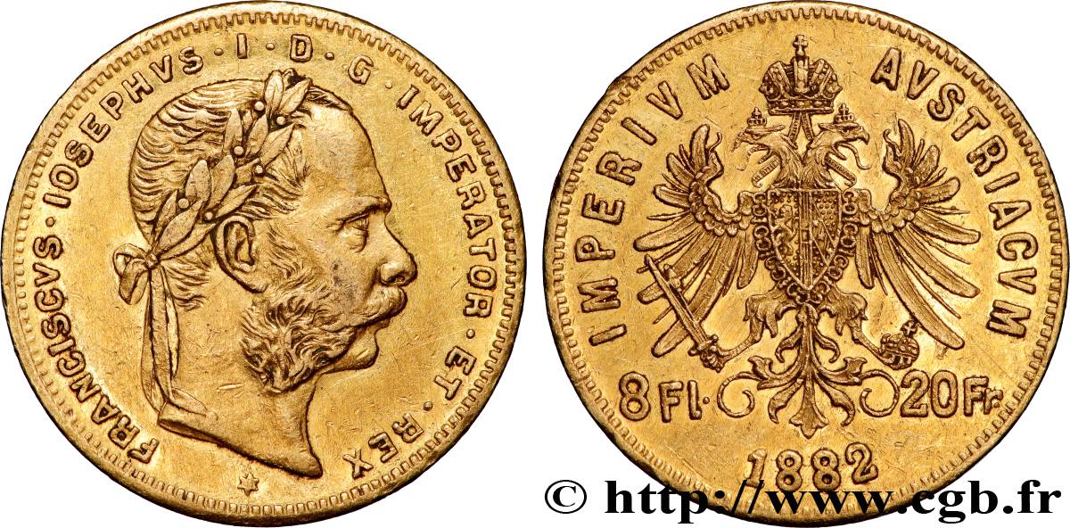 GOLD, PALLADIUM & PLATINUM INVESTMENT 8 Florins ou 20 Francs or François-Joseph Ier 1882 Vienne AU 