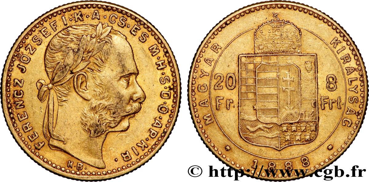 ORO, PALADIO Y PLATINO INVERSIÓN 20 Francs or ou 8 Forint François-Joseph Ier 1888 Kremnitz MBC 