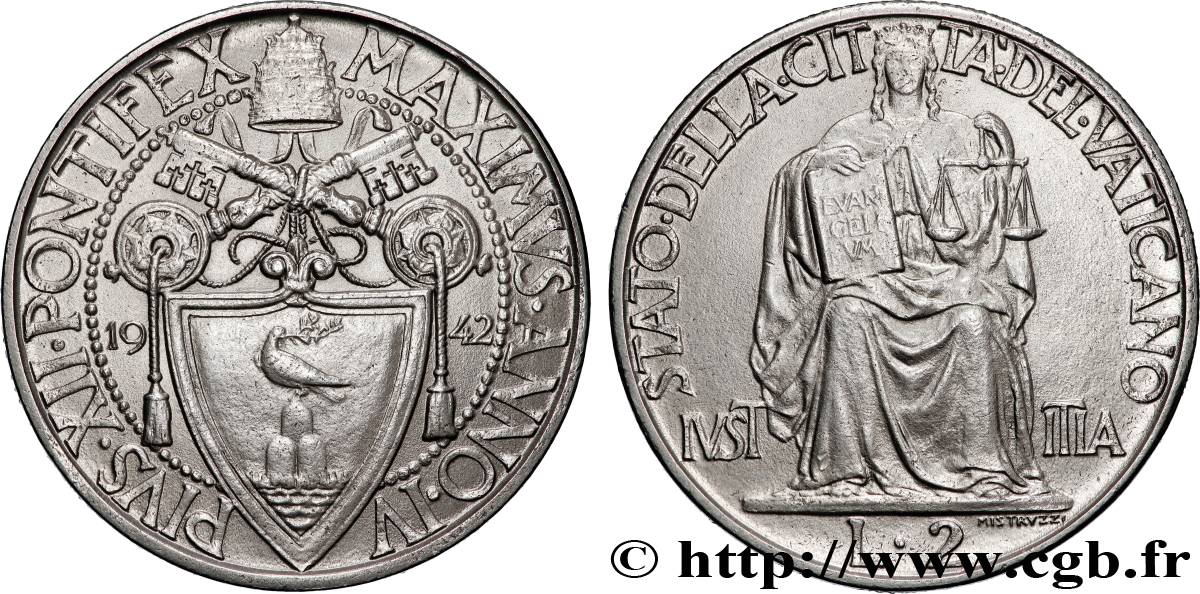 VATICAN AND PAPAL STATES 2 Lire Pie XII an IV 1942  AU 