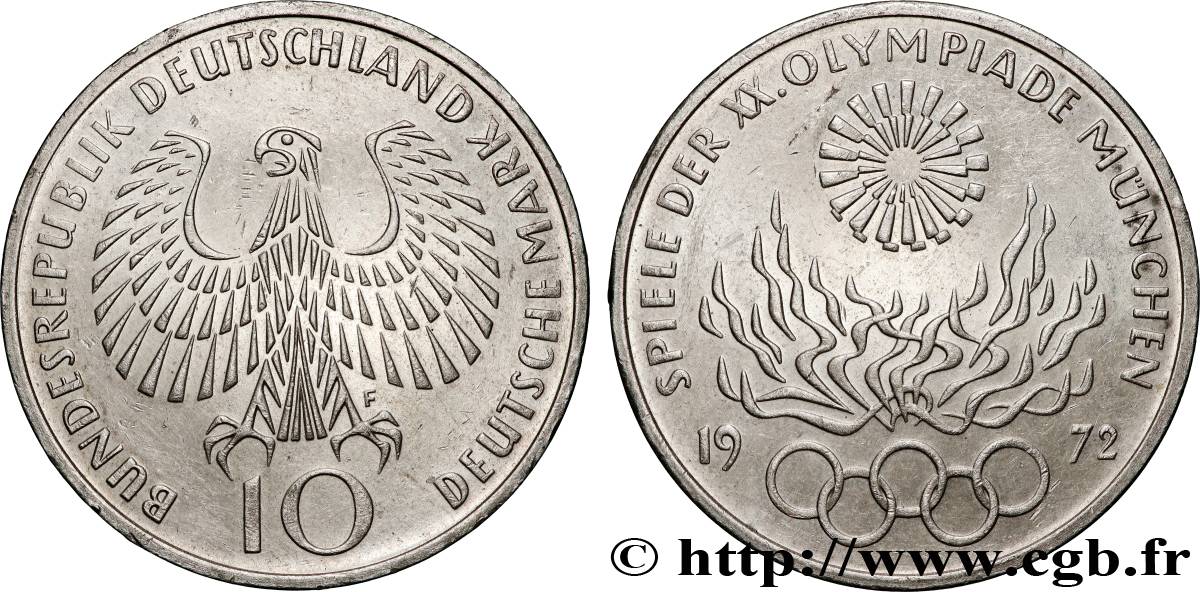 ALEMANIA 10 Mark XXe J.O. Munich - Flamme olympique 1972 Stuttgart EBC 