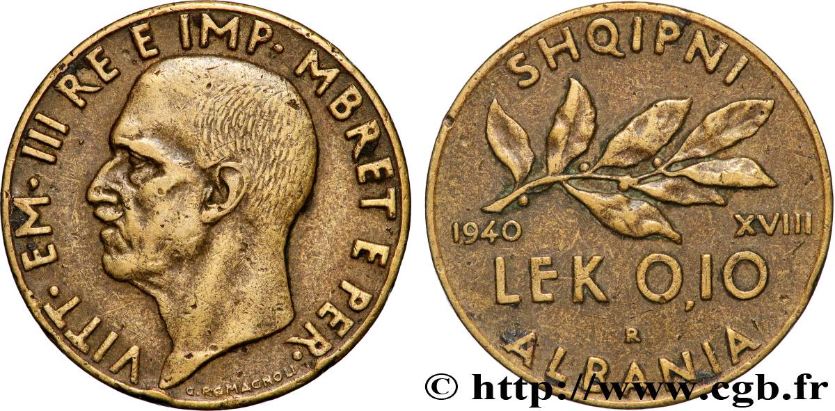 ALBANIA 0,10 Lek Victor-Emmanuel III 1940 Rome AU 