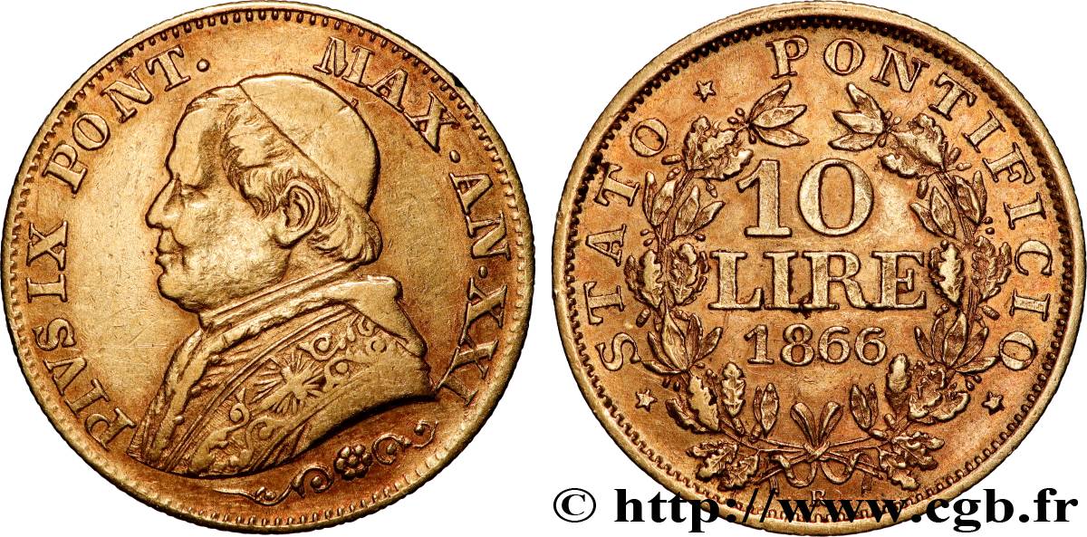 VATICAN AND PAPAL STATES 10 Lire Pie IX an XXI 1866 Rome XF 