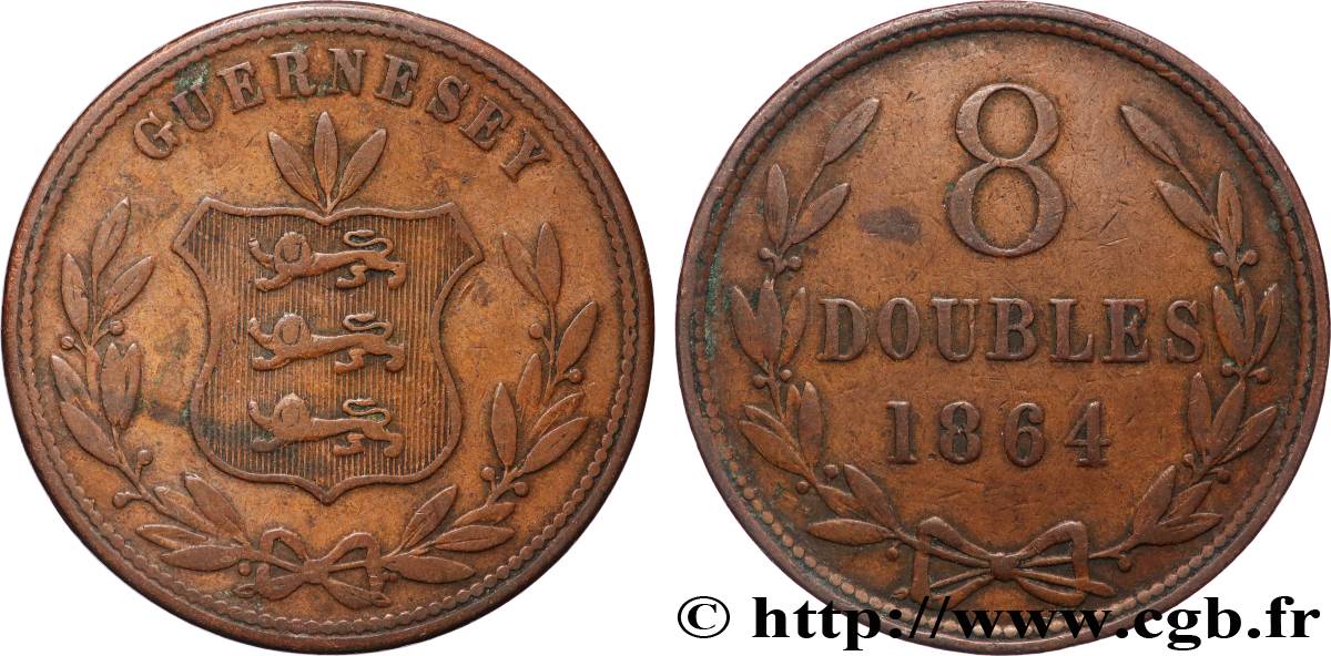 GUERNSEY 8 Doubles armes du baillage de Guernesey 1864 Heaton VF 