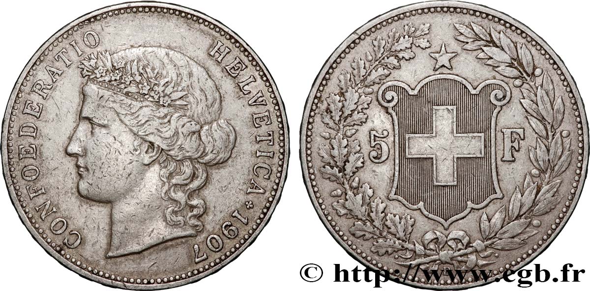 SWITZERLAND 5 Francs Helvetia 1907 Berne XF 