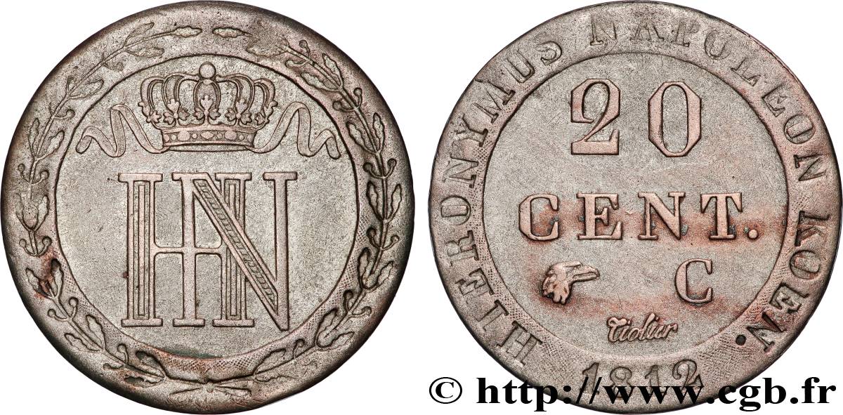 ALLEMAGNE - ROYAUME DE WESTPHALIE - JÉRÔME NAPOLÉON 20 Centimes 1812 Cassel TTB 