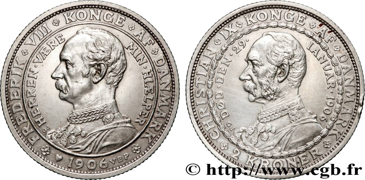 DANEMARK 2 Kroner mort de Christian IX et accession de Frédéric VIII 1906 Copenhague SUP 