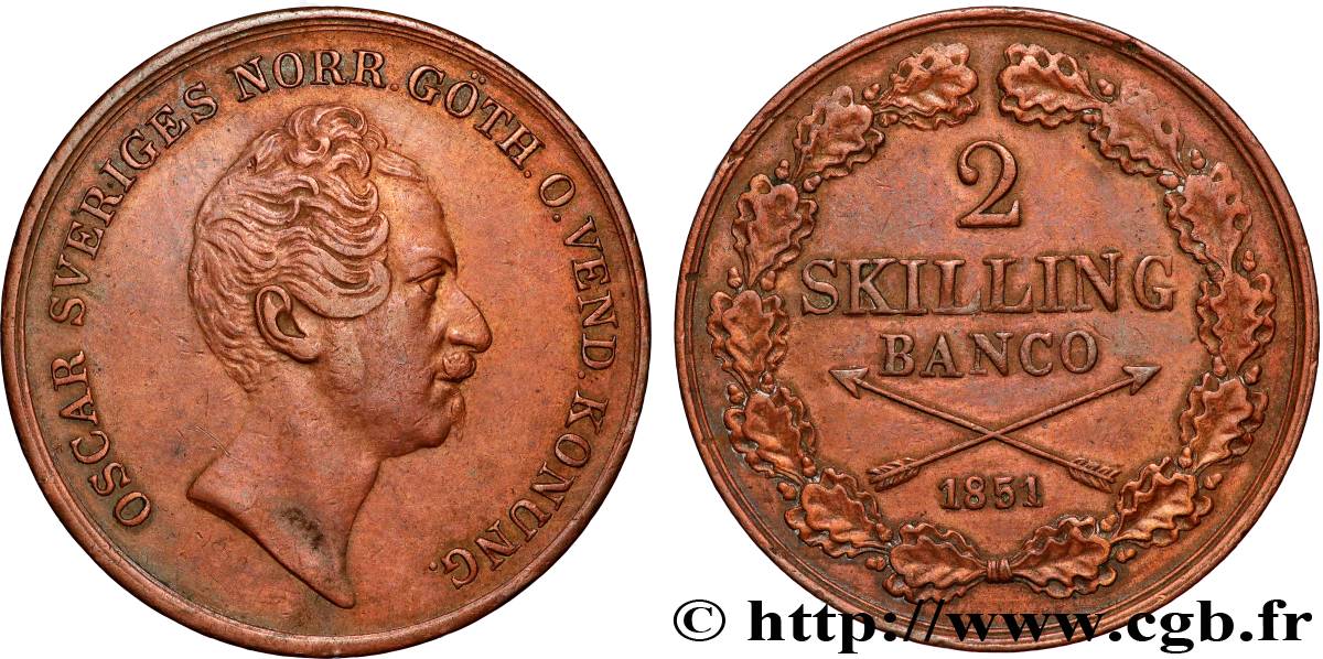 SCHWEDEN - KÖNIGREICH SCHWEDEN  - OSKAR I. 2 Skilling Banco  1853  SS 