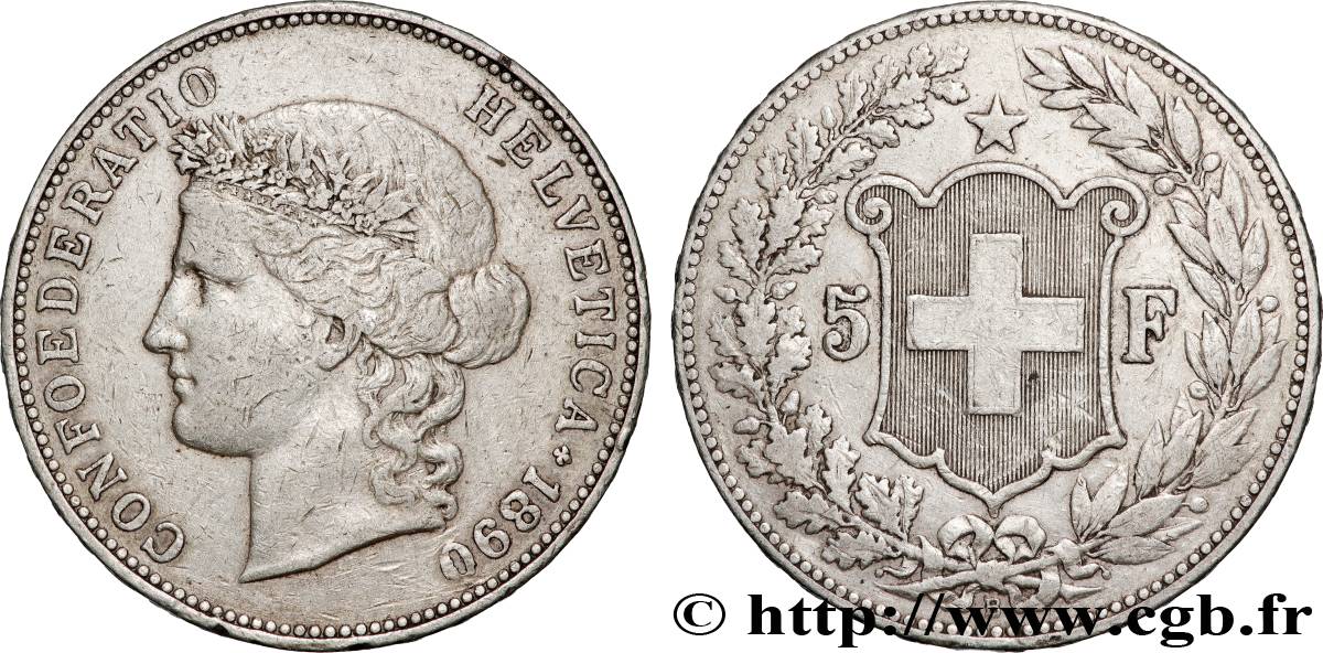 SUISSE 5 Francs Helvetia 1890 Berne TTB 