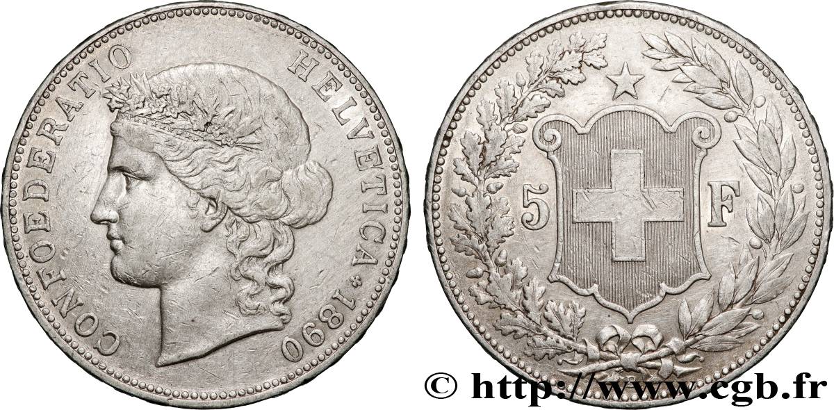 SUISSE 5 Francs Helvetia 1890 Berne TTB 