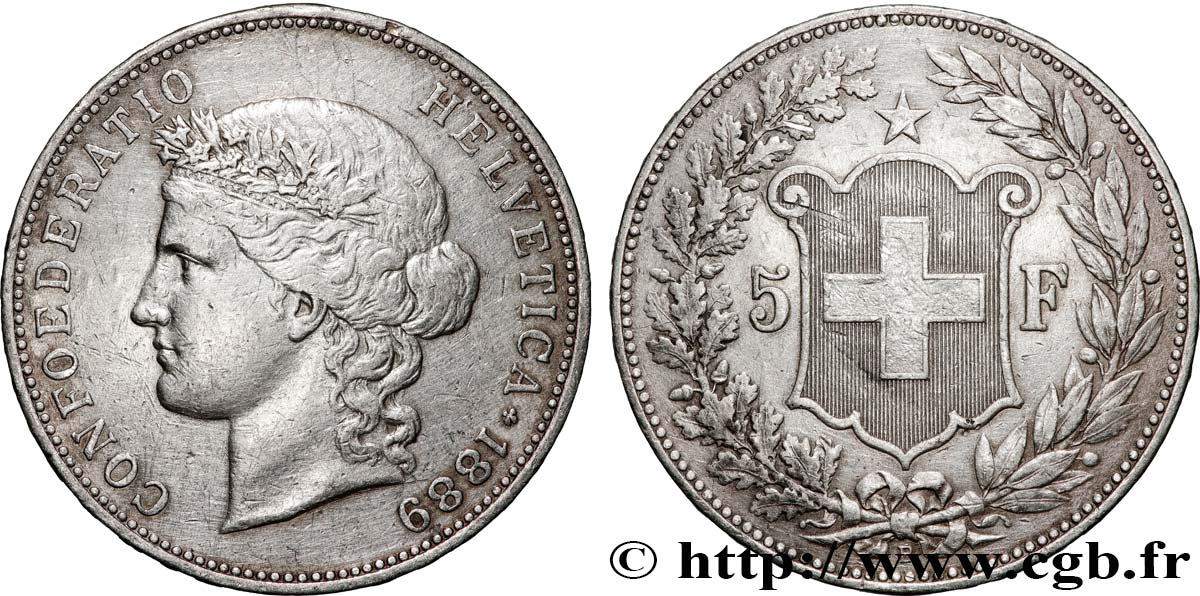 SUISSE 5 Francs Helvetia 1889 Berne TTB 