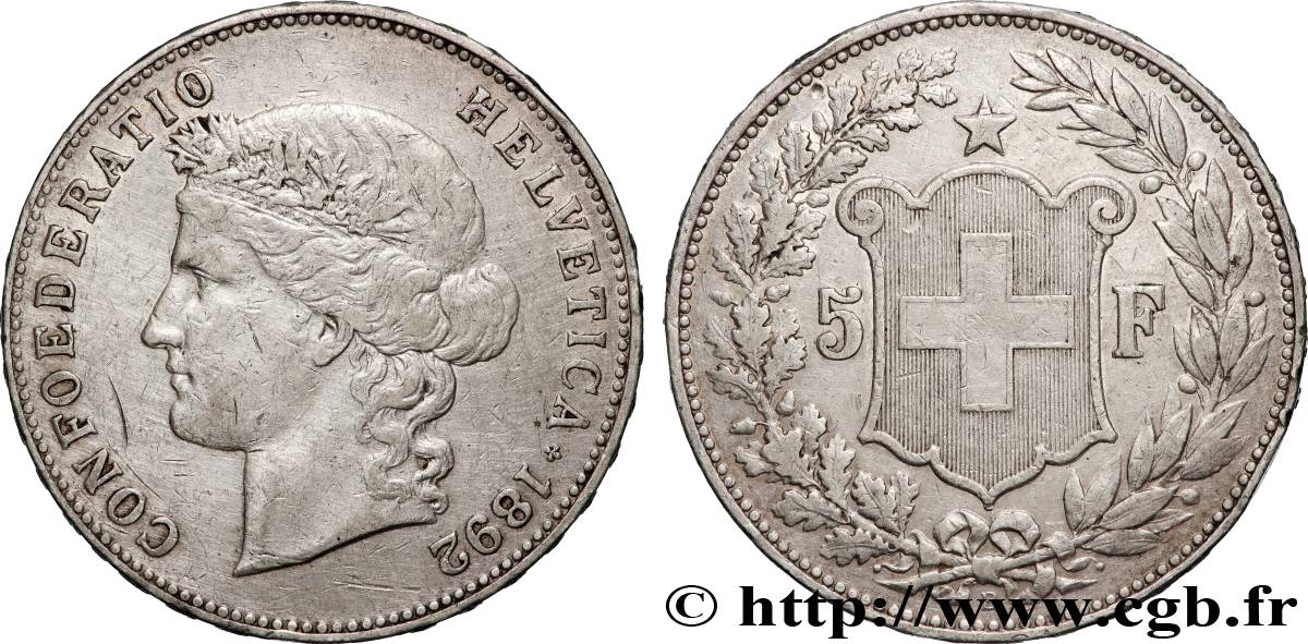 SWITZERLAND 5 Francs Helvetia 1892 Berne XF 