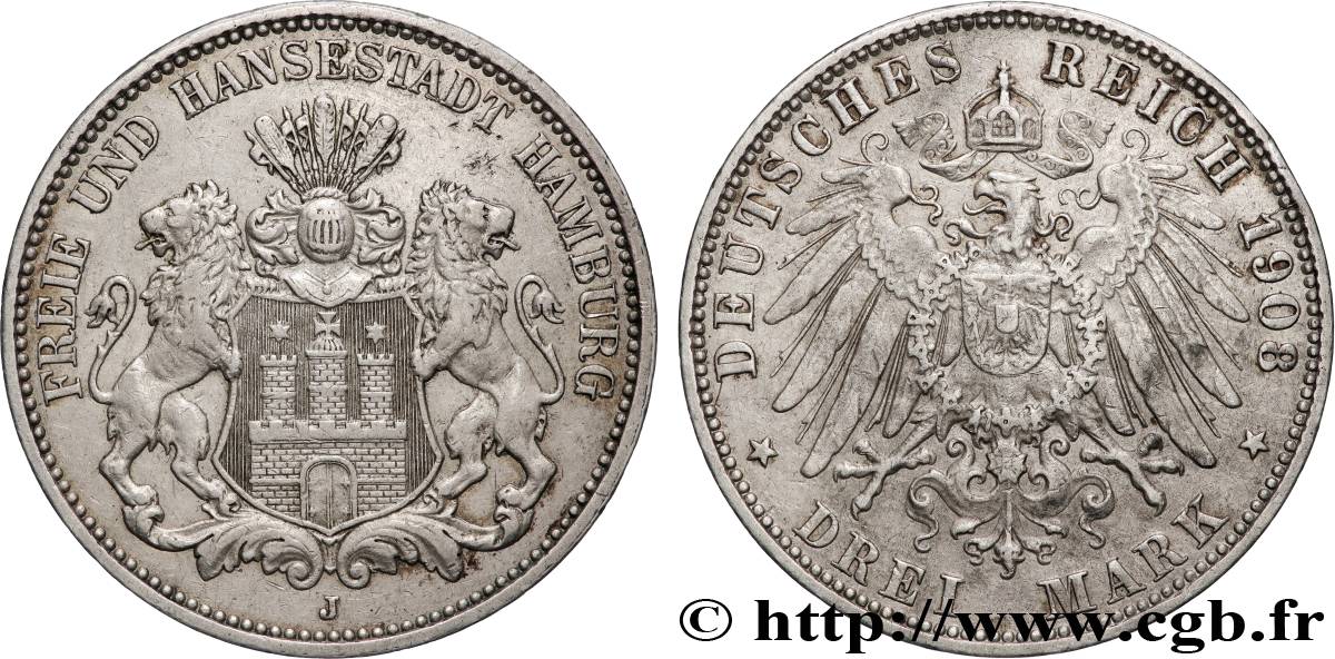 GERMANIA - LIBERA CITTA DE AMBURGO 3 Mark 1908 Hambourg q.SPL 