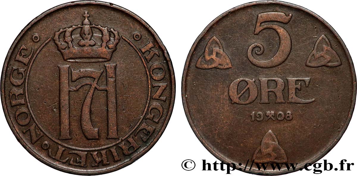 NORWAY 5 Ore Haakon VII 1908  XF 