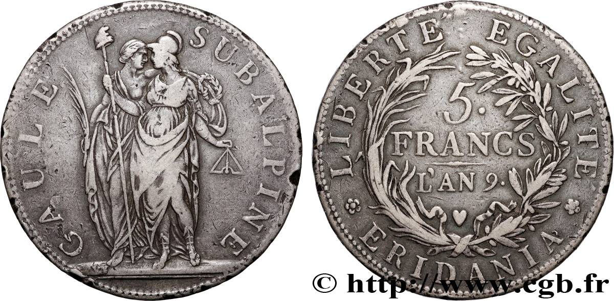 ITALIEN - SUBALPINISCHE  5 Francs an 9 1801 Turin SS 