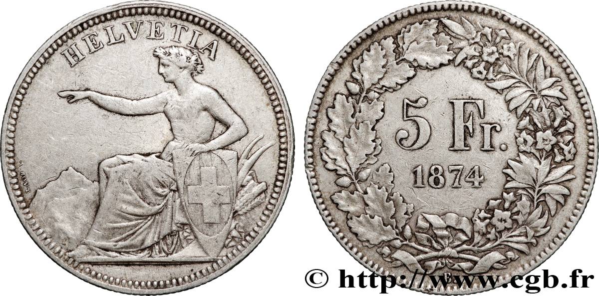 SVIZZERA  5 Francs Helvetia assise 1874 Berne BB 