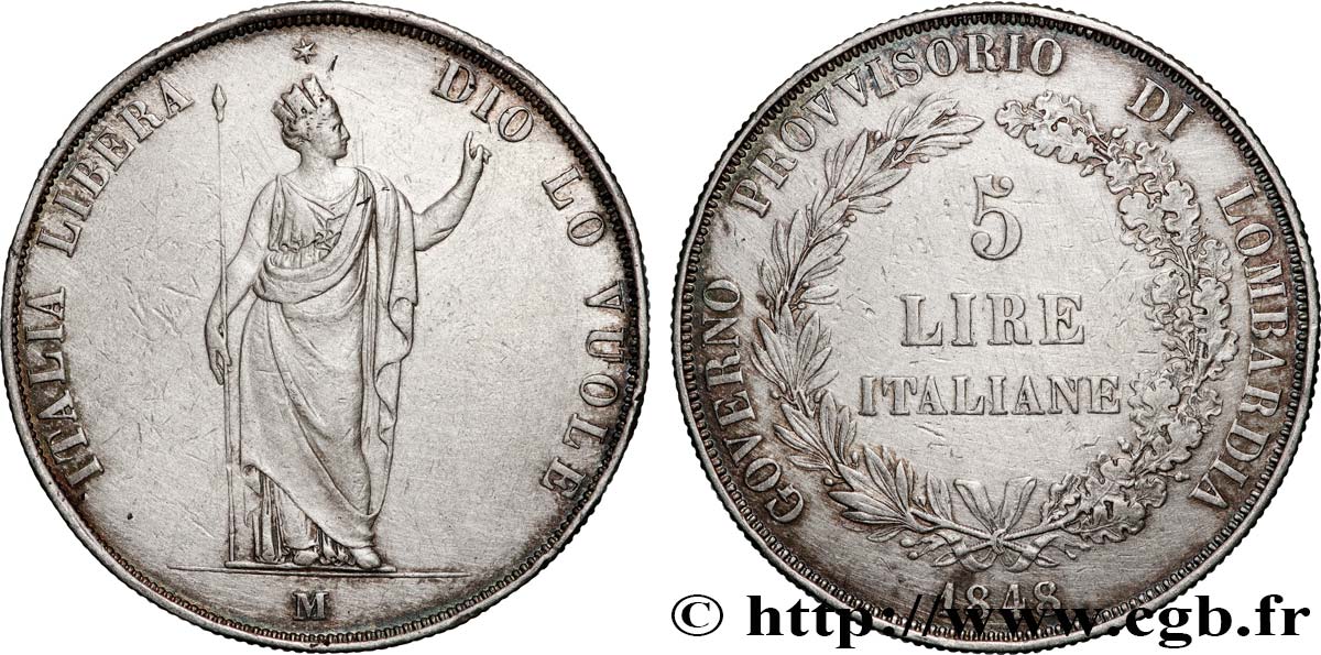 ITALIE - LOMBARDIE 5 Lire Gouvernement provisoire de Lombardie 1848 Milan TTB 