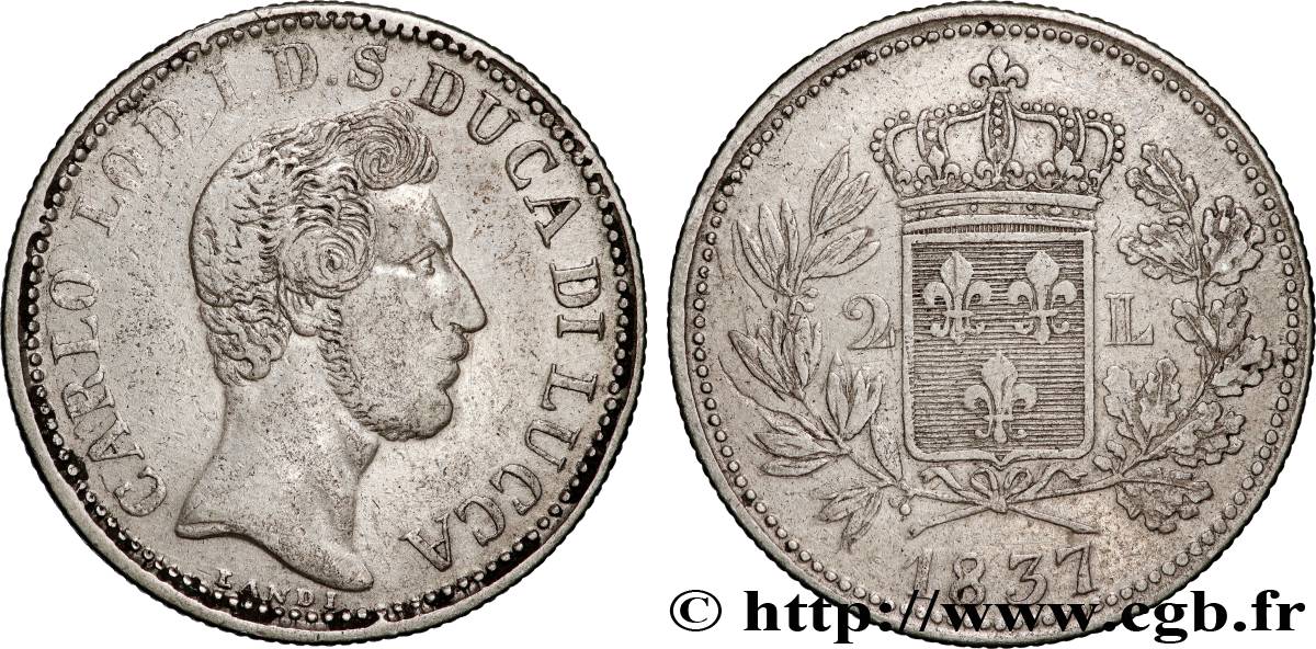 DUCHE DE LUCQUES - CHARLES LOUIS DE BOURBON 2 Lire  1837 Lucques TTB 