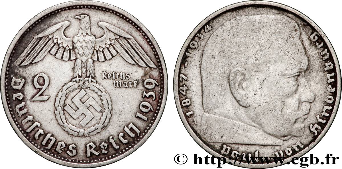 ALLEMAGNE 2 Reichsmark Maréchal Paul von Hindenburg 1939 Berlin TTB 