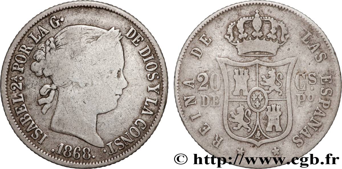 FILIPINE - ISABELLA II DI SPAGNA 20 Centimos de Peso Isabelle II 1868 Manille MB 